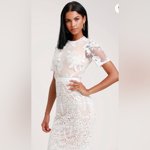 Lulu’s White and Nude Lace Midi Dress - Picture 9 of 11